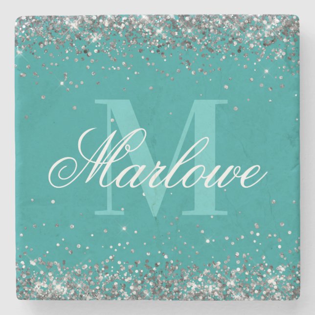 Snyggt Glitter Teal Monogram Stenunderlägg (Framsidan)