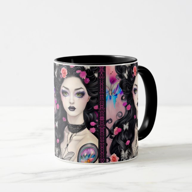Snyggt Goth Tattoo Girl Black and Rosa Mugg (Framsida höger)