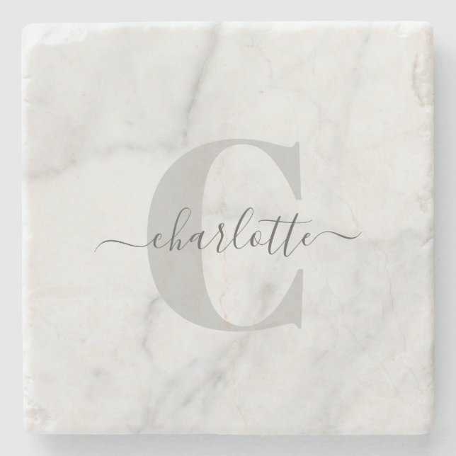 Snyggt Grått Marble Personlig Monogrammad   Stenunderlägg (Framsidan)