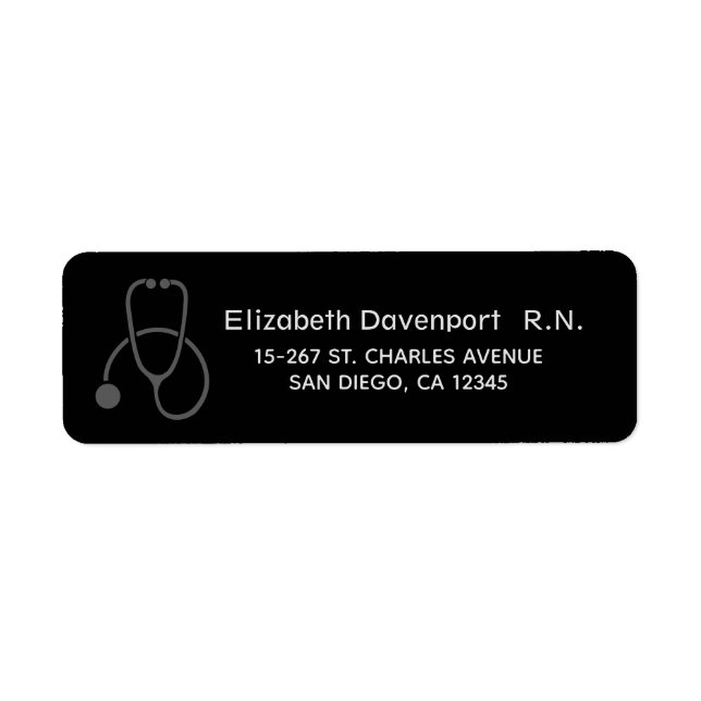 Snyggt Grått Stethoscope Illustration på Black Returadress Etikett (Framsidan)