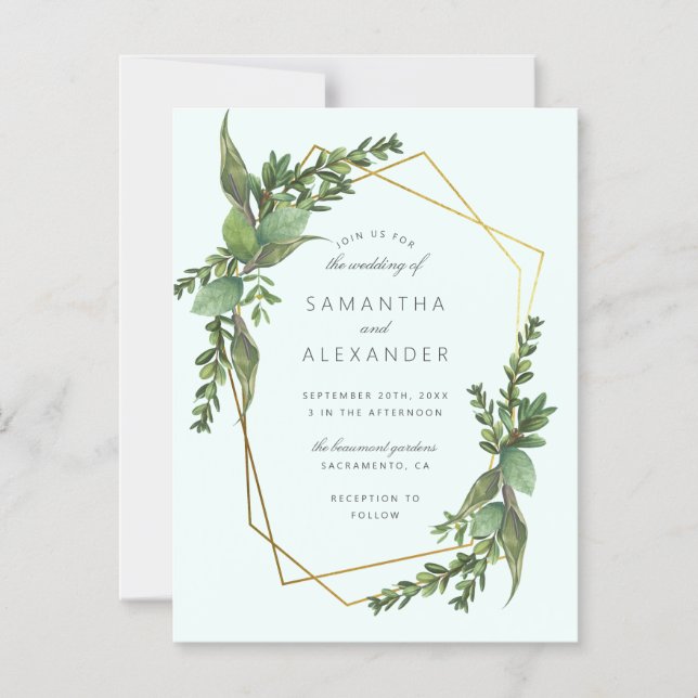 Snyggt Greenery Mint & Guld Geometric Bröllop Magnetisk Inbjudningskort (Framsida)