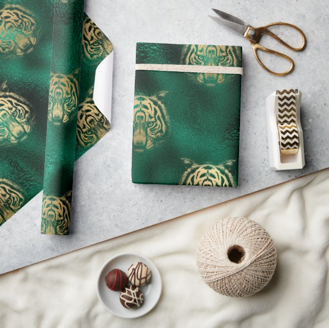 Snyggt Grönt och Guld Vild Tiger Ansikte Safari Presentpapper (Hantverk)
