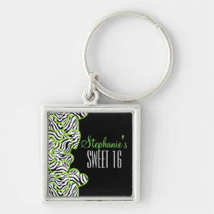 Snyggt Grönt Sweet 16 Zebra Heart Design Namn Fyrkantig Silverfärgad Nyckelring
