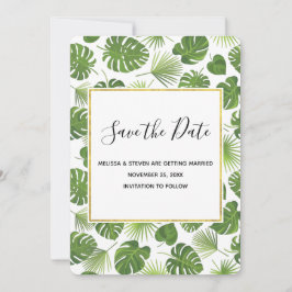 Snyggt Grönt Tropical Löv Mönster Bröllop Spara Datumet