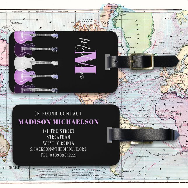Snyggt Guitar Rosa och svart Monogram Bagagebricka (Stylish guitar pink and black monogram custom luggage tag for guitarists musicians and music lovers)