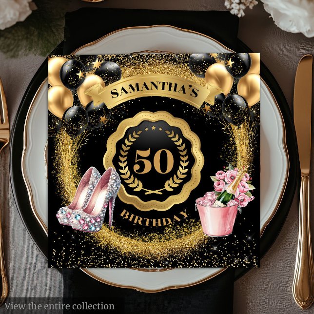 Snyggt Guld Bubblor Napkins med Heels Ro Guld Pappersservett (Stylish Gold Balloons Napkins with Rose Gold Heels

)