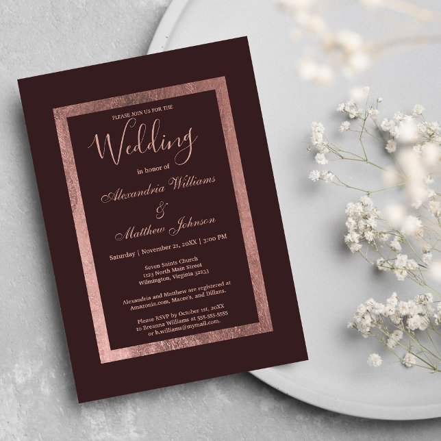 Snyggt guld burgundlyxen Bröllop Inbjudningar (Stylish rose gold burgundy luxury Wedding )