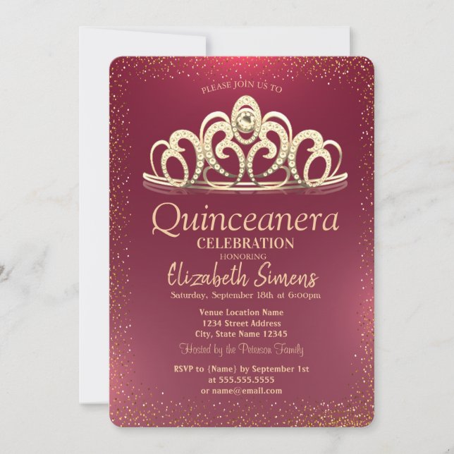 Snyggt Guld Confetti Tiara Burgundy Quinceañera Inbjudningar (Framsida)