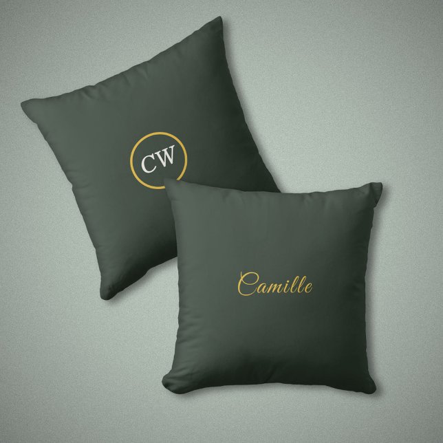 Snyggt Guld & Forest Grönt Monogram Pillow Kudde (Stylish Gold & Forest Green Monogram Pillow)
