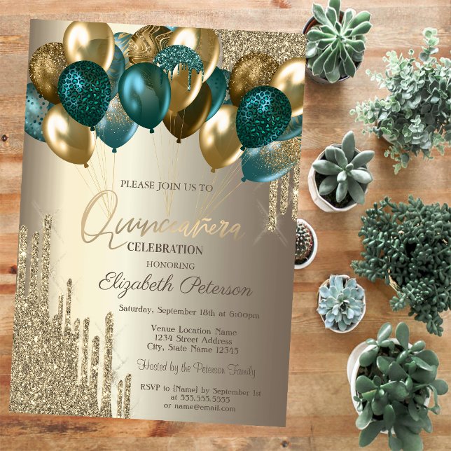 Snyggt Guld Glitter Drips Balloons Quinceañera Inbjudningar (Skapare uppladdad)