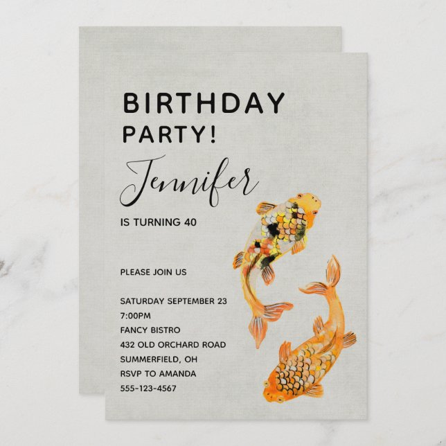 Snyggt Guld Koi Fiskfödelsedag Inbjudningar (Fram/baksida)