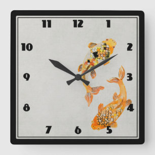 Snyggt Guld Koi Fyrkantig Klocka