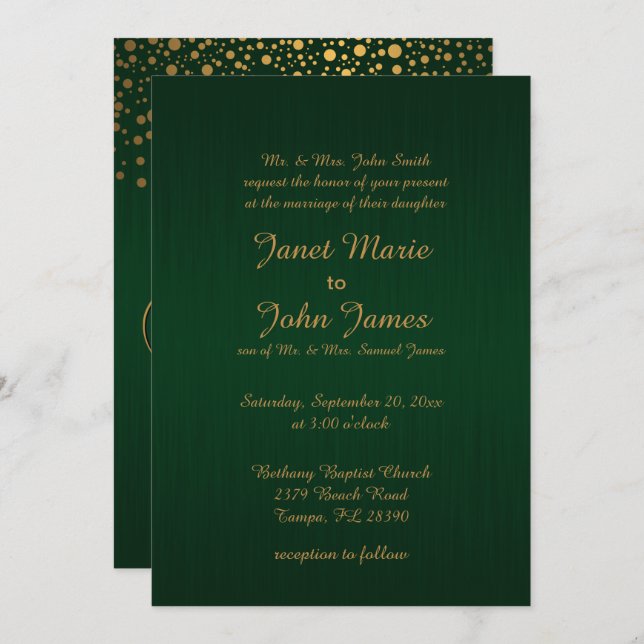 Snyggt Guld-konfetti-punkter| Mörk grönt Inbjudningar (Fram/baksida)