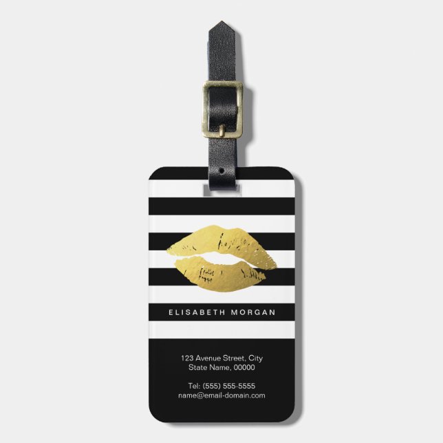 Snyggt Guld Läppar med klassiskt svart vitt Rand Bagagebricka (Vertikal Framsida)
