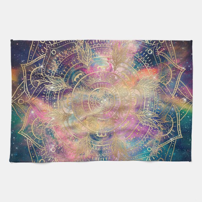 Snyggt Guld Mandala Colorful Watercolor Nebula Kökshandduk (Horisontell)