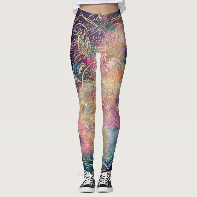 Snyggt Guld Mandala Colorful Watercolor Nebula Leggings (Framsida)