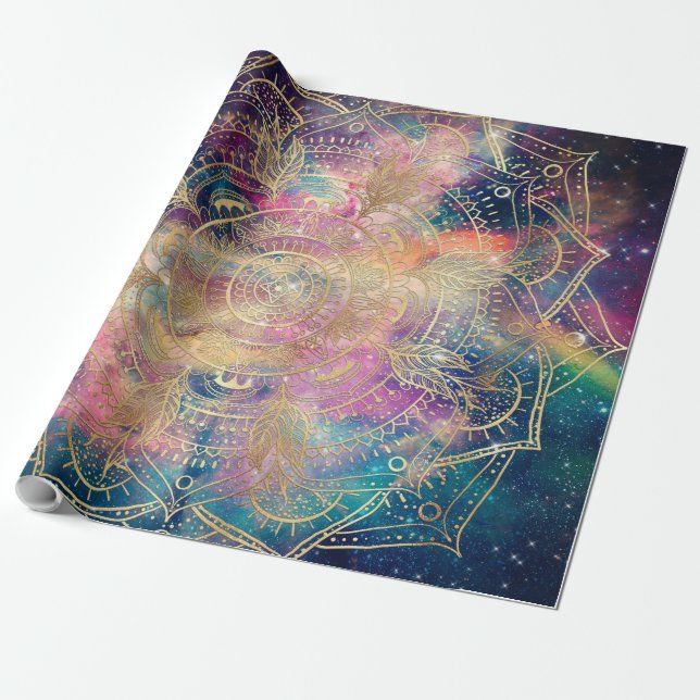 Snyggt Guld Mandala Colorful Watercolor Nebula Presentpapper (Utrullad)