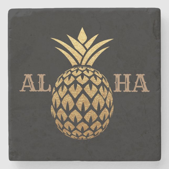 Snyggt Guld Pineapple Black Aloha Tropical Hawaii Stenunderlägg (Framsidan)