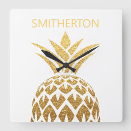 Snyggt Guld Pineapple White Family Namn Fyrkantig Klocka