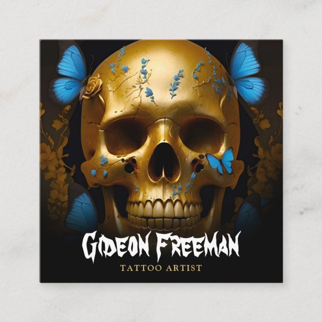 Snyggt Guld Skull Butterflulies Tattoo Artist Fyrkantigt Visitkort (Framsida)