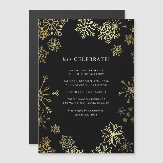 Snyggt Guld Snöflingor jul Party Magnetisk Inbjudningskort (Fram/baksida)