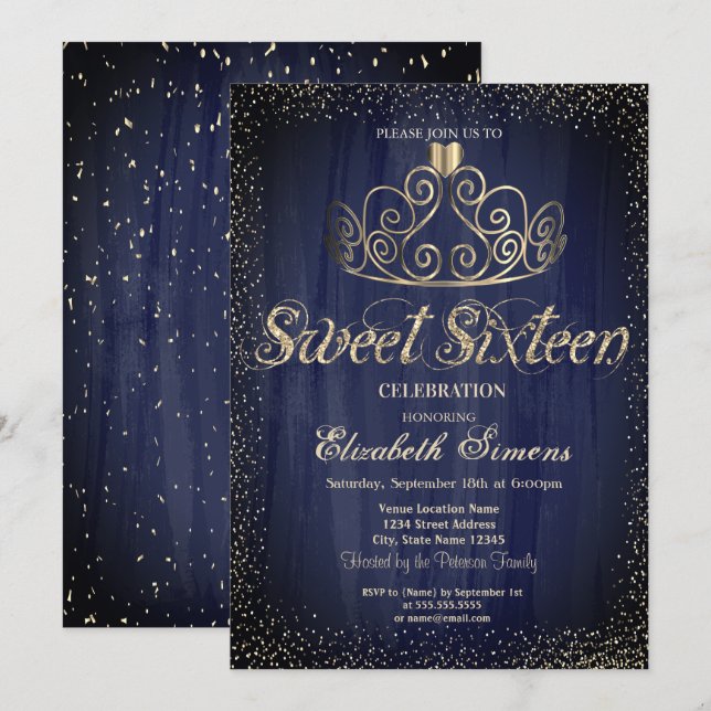 Snyggt Guld Tiara Confetti Princess Sweet 16 Inbjudningar (Fram/baksida)