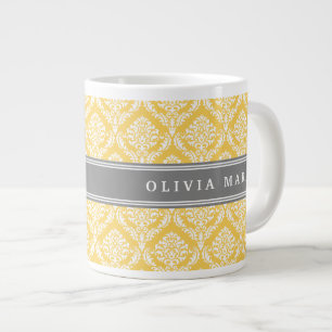 Snyggt Gult Damask-mönster med Grått Namn Jumbo Mugg
