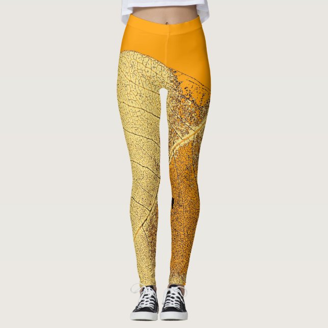 Snyggt Gult Orange Löv Leggings (Framsida)