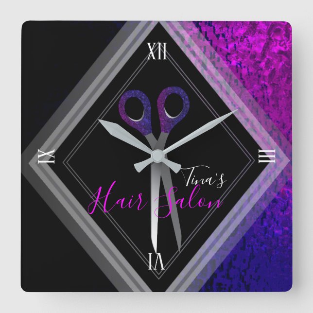 Snyggt Hair Salon Modern Lila & Black Modern Fyrkantig Klocka (Framsida)