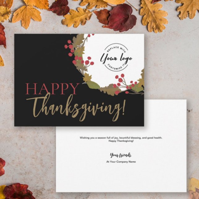 Snyggt Happy thanksgiving Anpassningsbar Business  Julkort (Stylish black, red, green, brown Happy Thanksgiving custom business logo holiday card.
)