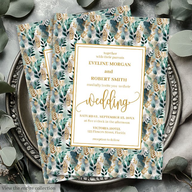 Snyggt Hunter Grönt Guld Greenery Wedding bjudande Inbjudningar (Stylish Hunter Green Gold Greenery Wedding Invitation)