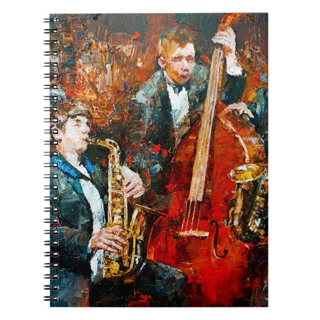 Snyggt jazz-band som spelar musik på scenen, tillb anteckningsbok (Framsidan)