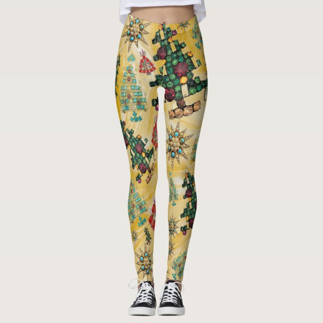 Snyggt Julgran Jewel Bling Gult Leggings (Framsida)