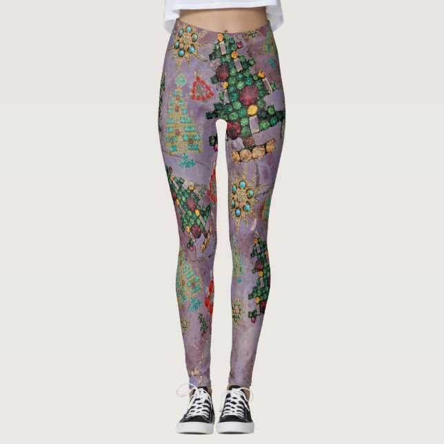 Snyggt Julgran Jewel Bling Lila Jade Gem Leggings (Framsida)
