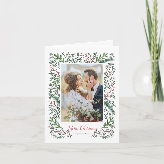 Snyggt Julrött Grönt Gräs Träd krans Foto Helgkort (Framsida)