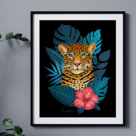 Snyggt Jungle Leopard Blommigt Art | Blå flotta Poster
