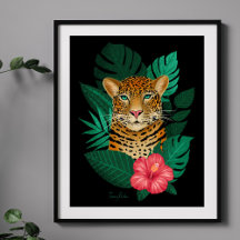 Snyggt Jungle Leopard Blommigt Art | Svart Grönt