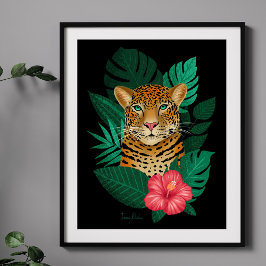 Snyggt Jungle Leopard Blommigt Art | Svart Grönt Poster