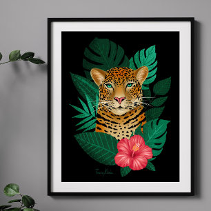 Snyggt Jungle Leopard Blommigt Art   Svart Grönt Poster