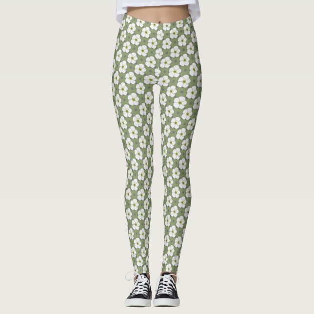 Snyggt Khaki White Flowers Blommönster Leggings (Framsida)