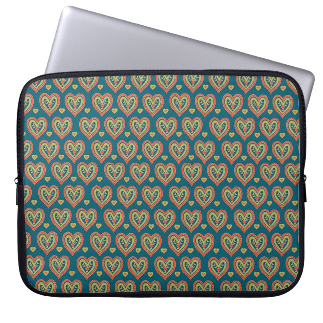 Snyggt Laptop sleeve, Red Hearts on Mörk Teal Sleeve (Framsidan)