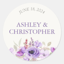 Snyggt Lavender Watercolor Blommigt Bouquet Bröllo Runt Klistermärke