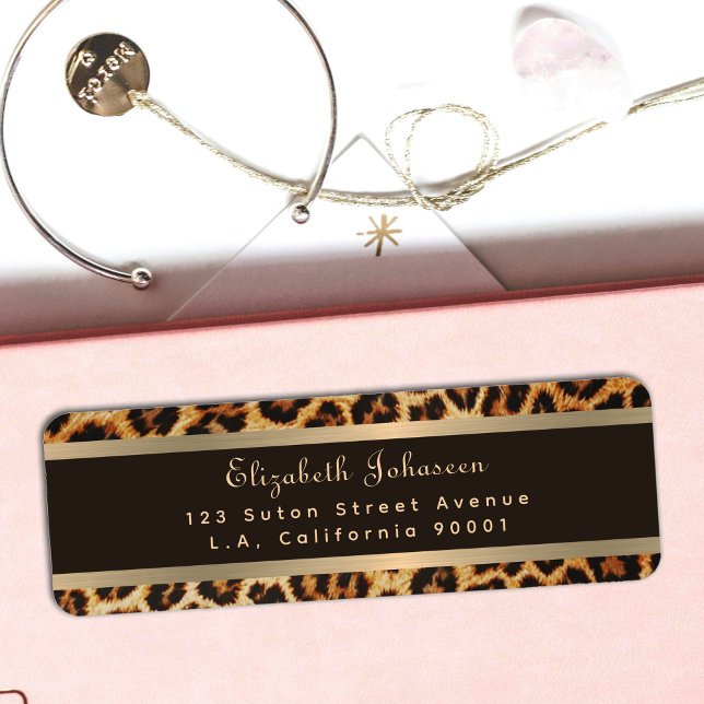 Snyggt Leopard Animal Print Brown & Guld Rand Returadress Etikett (Skapare uppladdad)