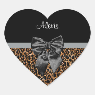 Snyggt Leopard Elegant Black Bow och Namn Hjärtformat Klistermärke