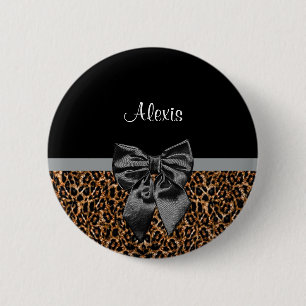 Snyggt Leopard Elegant Black Bow och Namn Knapp