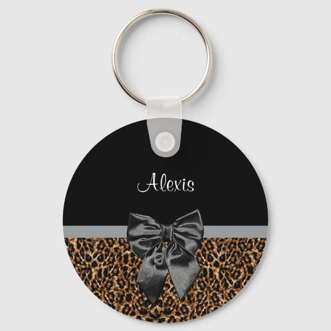 Snyggt Leopard Elegant Black Bow och Namn Nyckelring (Framsida)