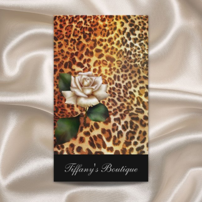 snyggt leopard på mode visitkort (fashion beauty salon elegant stylish Animal print leopard white rose Business Card)
