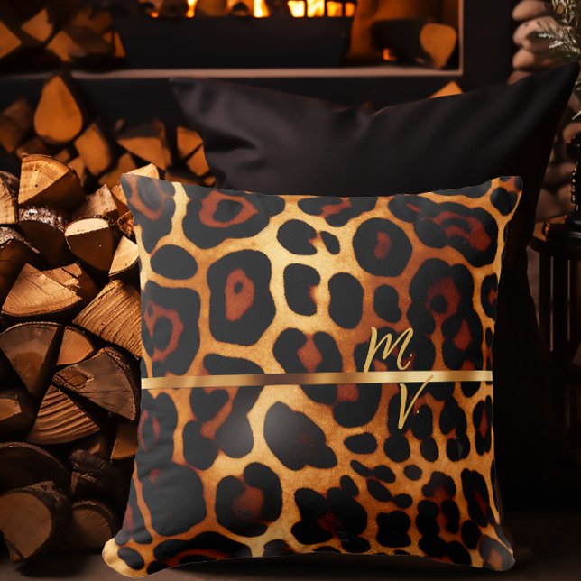 Snyggt Leopard Print och Guld Monogrammed Kudde (Ultra Luxe Leopard-Print Monogrammed Decorative Pillow)