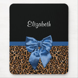 Snyggt Leopard Skriv ut Elegant Blue Bow and Namn Musmatta