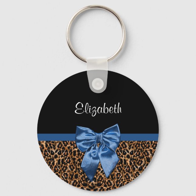 Snyggt Leopard Skriv ut Elegant Blue Bow and Namn Nyckelring (Framsida)